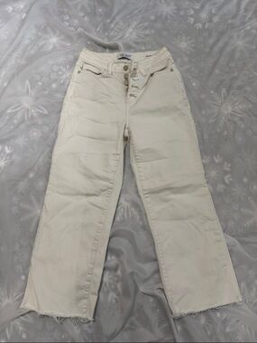 Judy Blue Cream High-Rise Button-Fly Wide Leg Cropped Jeans